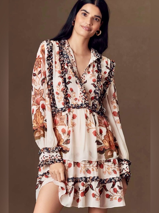 FARM Rio Dresses & Skirts - FARM Rio Cream Floral Long-Sleeve Tiered Ruffle Mock Neck Dress XL